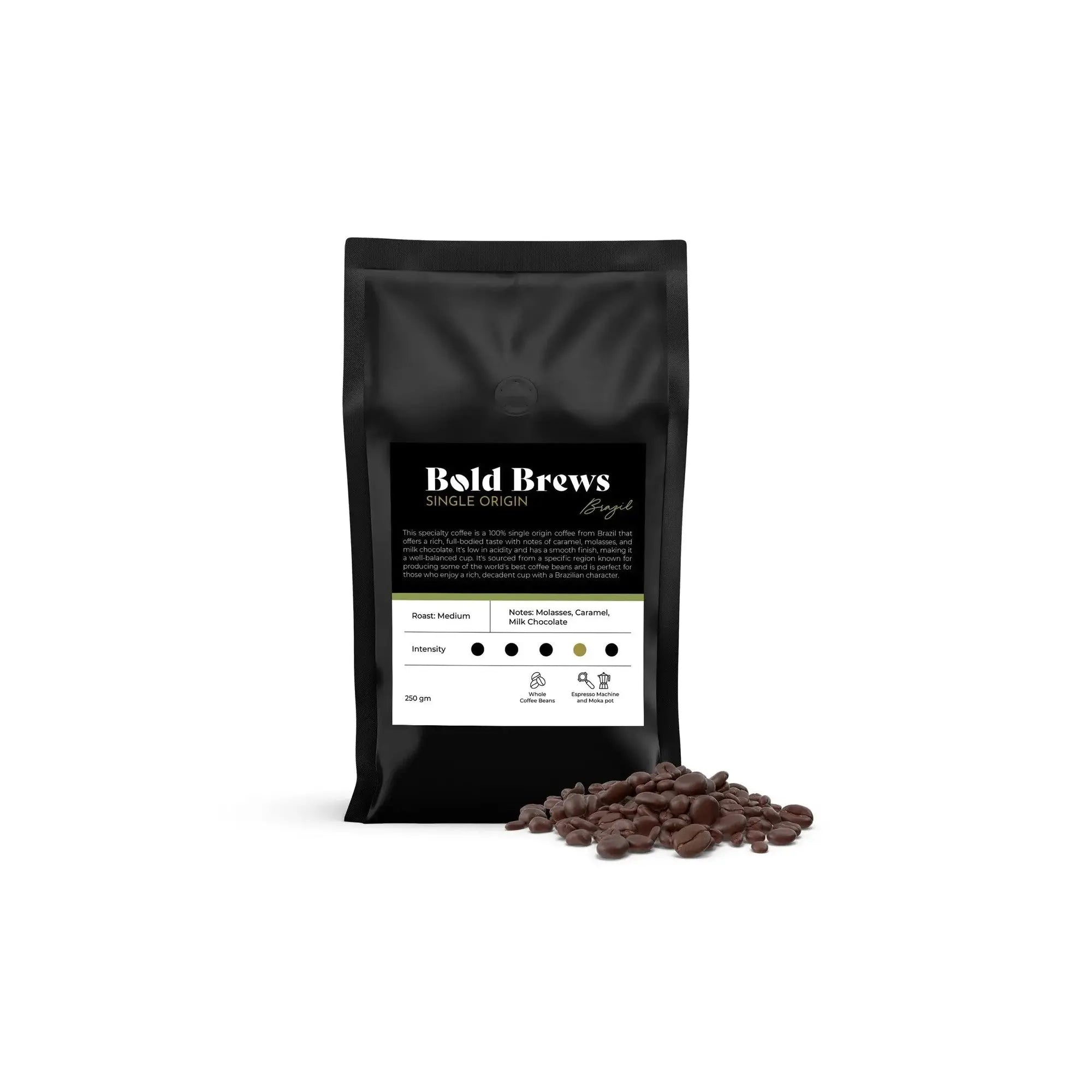 Order Bold Brews - Brazil 100% Arabica Whole Coffee Beans - 250g for LE 260.00 at Coffee & Cream, All your coffee needs in one place. Shop Coffee, Beans, Ground Coffee, Instant Coffee, Creamers, Coffee Machines, Blenders, and more. 50+ Brands Monin, Lavaz