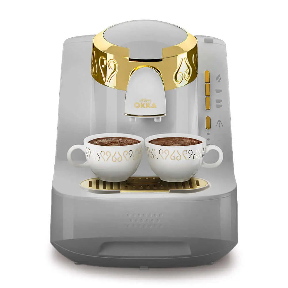 Order Arzum Okka Automatic Turkish Coffee Machine – OK008 – White/Gold (1 YEAR WARRANTY) for LE 14299.00 at Coffee & Cream, All your coffee needs in one place. Shop Coffee, Beans, Ground Coffee, Instant Coffee, Creamers, Coffee Machines, Blenders, and mor