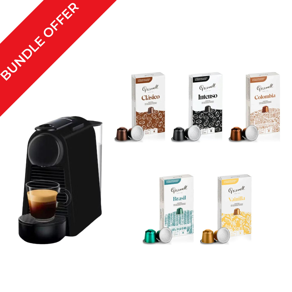 Nespresso Essenza Mini Black Matt D30 + 50 Granell Capsules Bundle