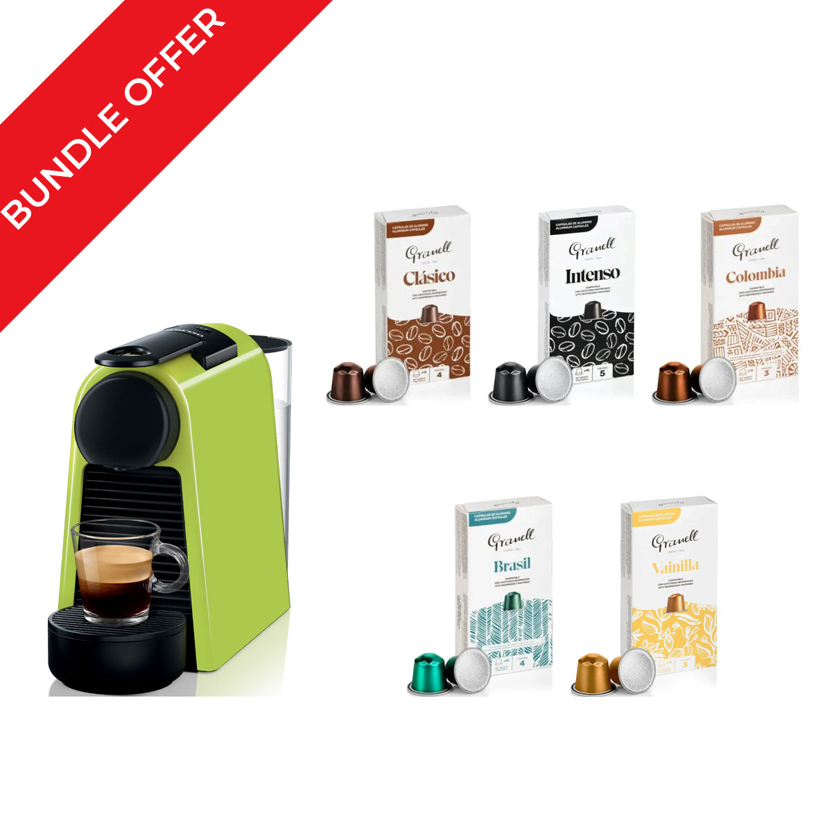 Nespresso Essenza Mini Coffee Machine Green + 50 Granell Capsules Bundle