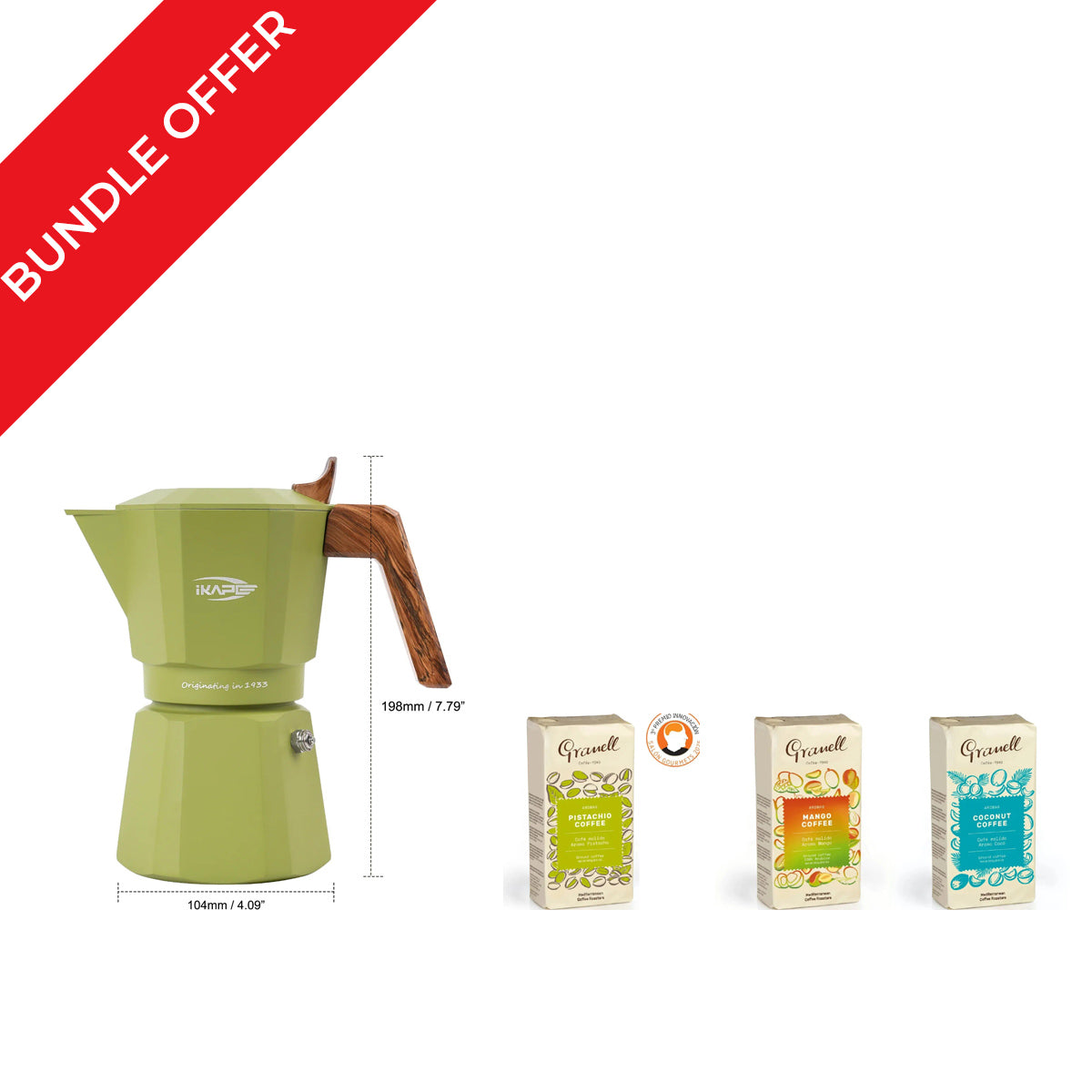 iKape Espresso Moka Pot 4 Shots + 3 Granell Ground Coffee 250g Bundle