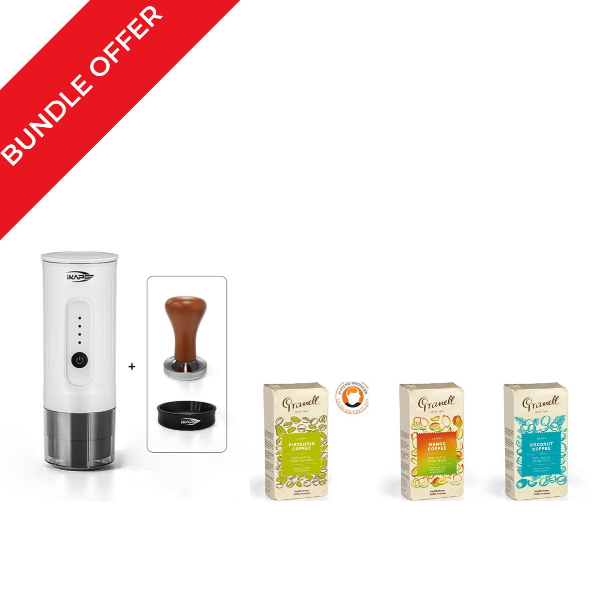 iKape Portable Coffee Maker Kapo K1 -White + 3 Granell Ground Coffee 250g Bundle