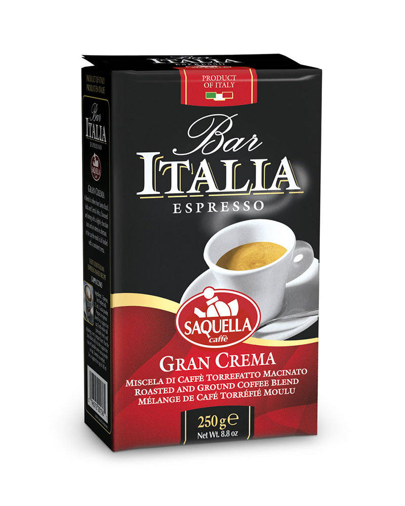 Saquella Bar Italia Gran Crema Ground Coffee Tin 250g front pack