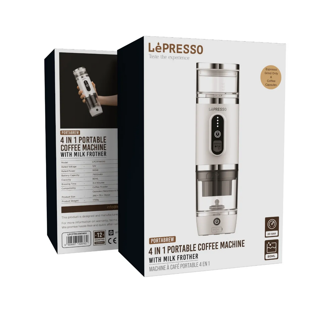 LePresso 4-in-1 Portable Coffee Machine with Milk Frother - white