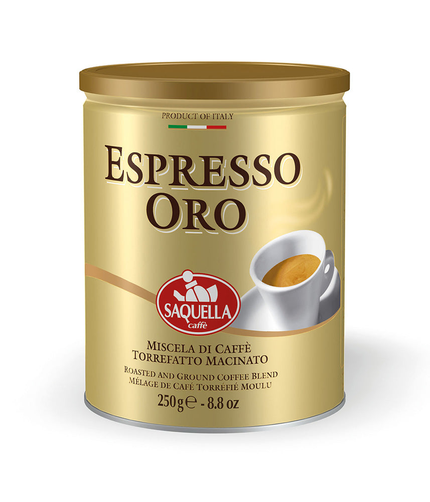 Saquella Espresso Oro Ground Coffee Tin 250g front pack