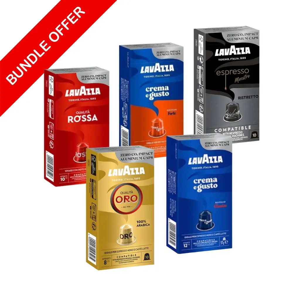 (50 Capsules) Lavazza Capsules Variety Pack (Oro ,Rossa ,Ristretto , Classico , Forte )- Bundle Coffee & Cream
