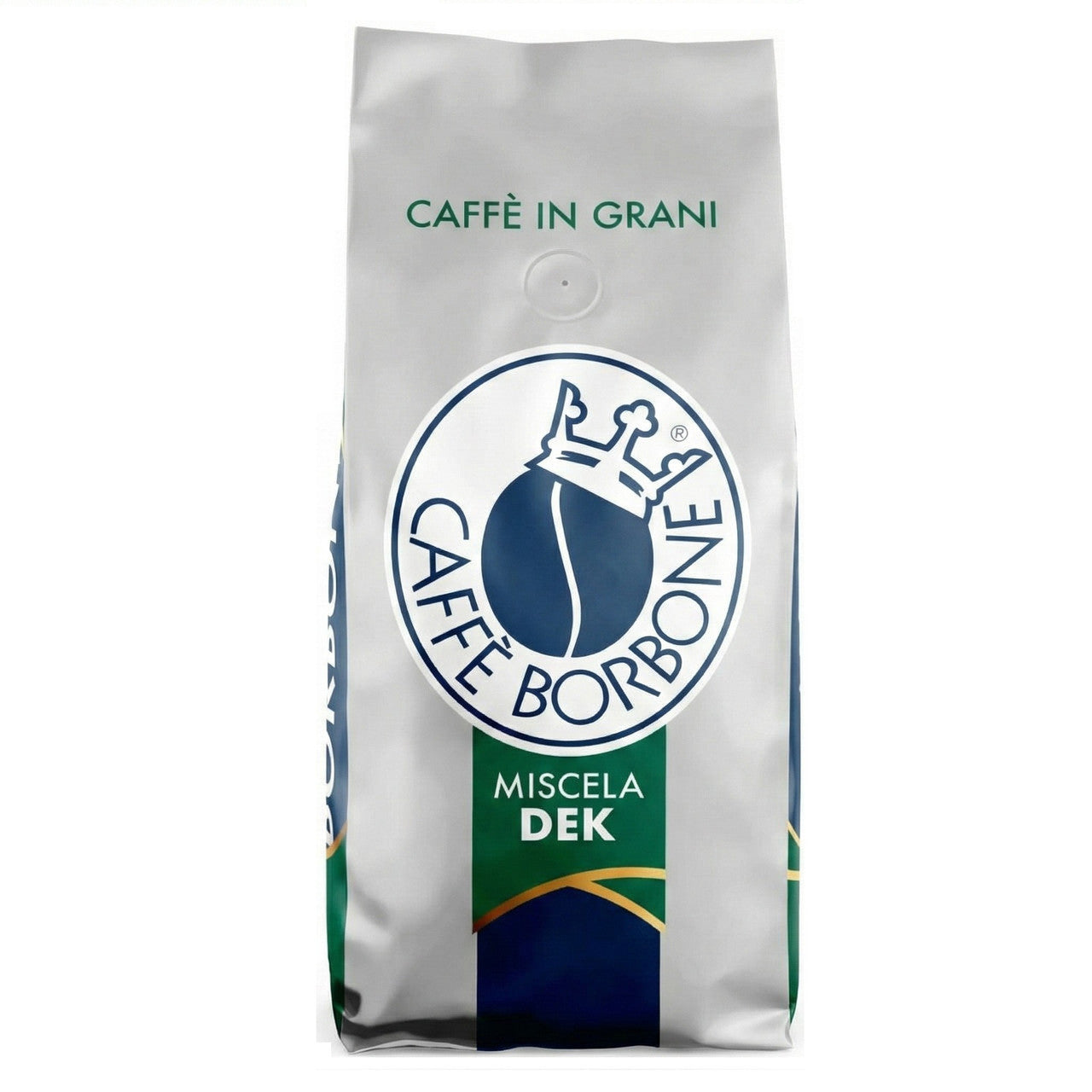 Caffe Borbone Miscela Dek decaffeinated whole bean coffee, 1kg white bag with green label