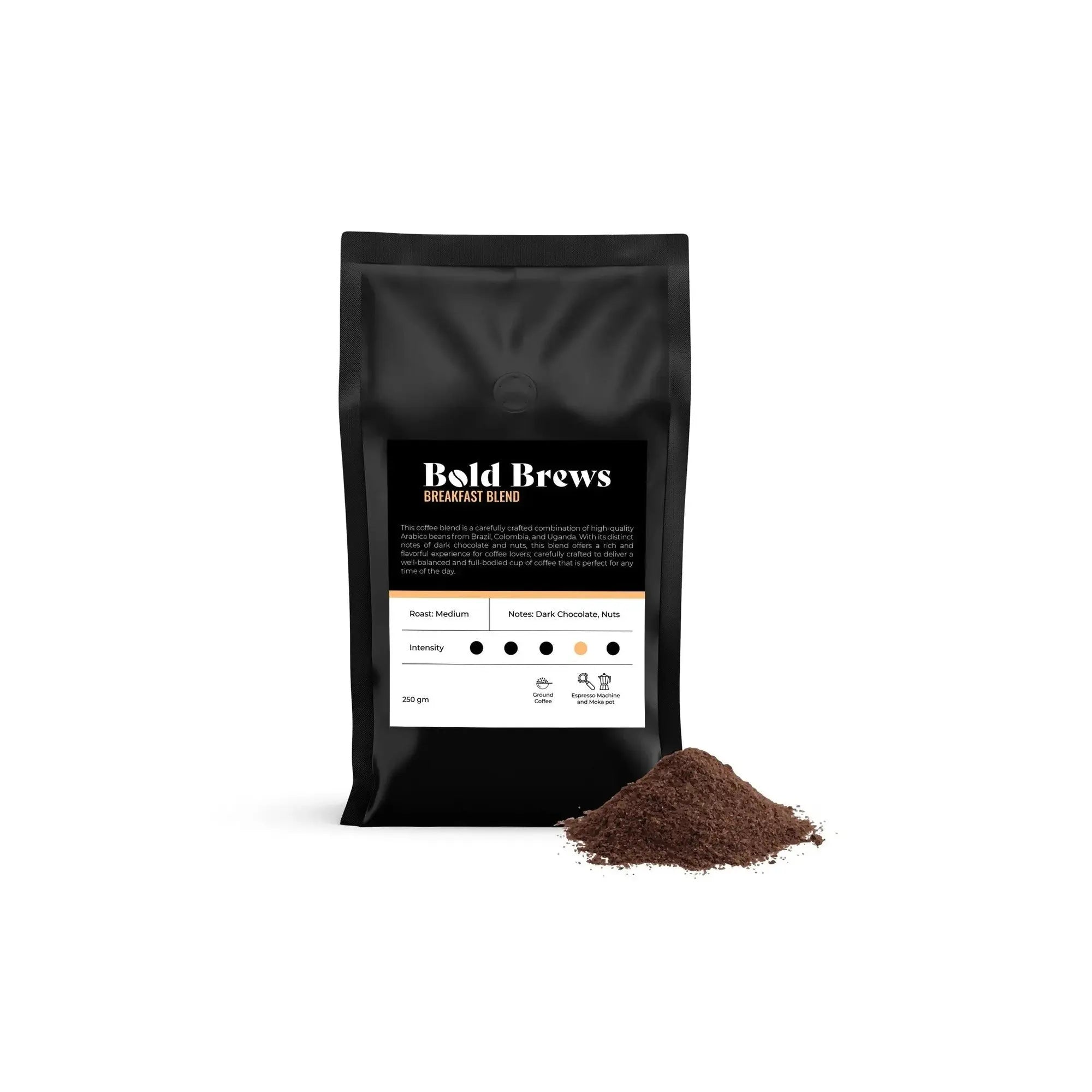 Order Bold Brews - Breakfast Blend Ground Coffee Espresso - 250g for LE 250.00 at Coffee & Cream, All your coffee needs in one place. Shop Coffee, Beans, Ground Coffee, Instant Coffee, Creamers, Coffee Machines, Blenders, and more. 50+ Brands Monin, Lavaz