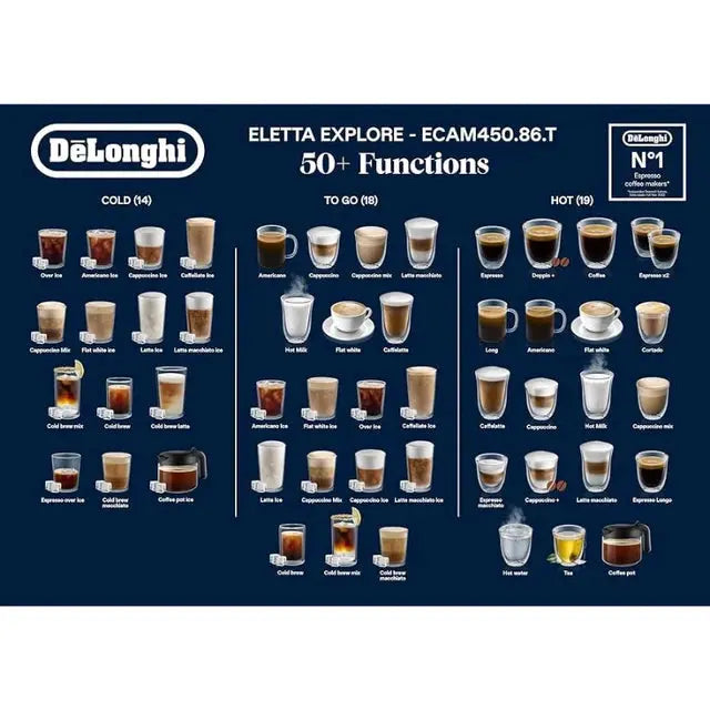 Order De’longhi Eletta Explore Bean To Cup Espresso Machine - ECAM452.67.G for LE 95990.00 at Coffee & Cream, All your coffee needs in one place. Shop Coffee, Beans, Ground Coffee, Instant Coffee, Creamers, Coffee Machines, Blenders, Coffee Makers & Espre
