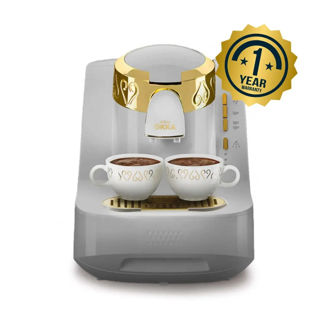 Order Arzum Okka Automatic Turkish Coffee Machine – OK008 – White/Gold (1 YEAR WARRANTY) for LE 14299.00 at Coffee & Cream, All your coffee needs in one place. Shop Coffee, Beans, Ground Coffee, Instant Coffee, Creamers, Coffee Machines, Blenders, and mor