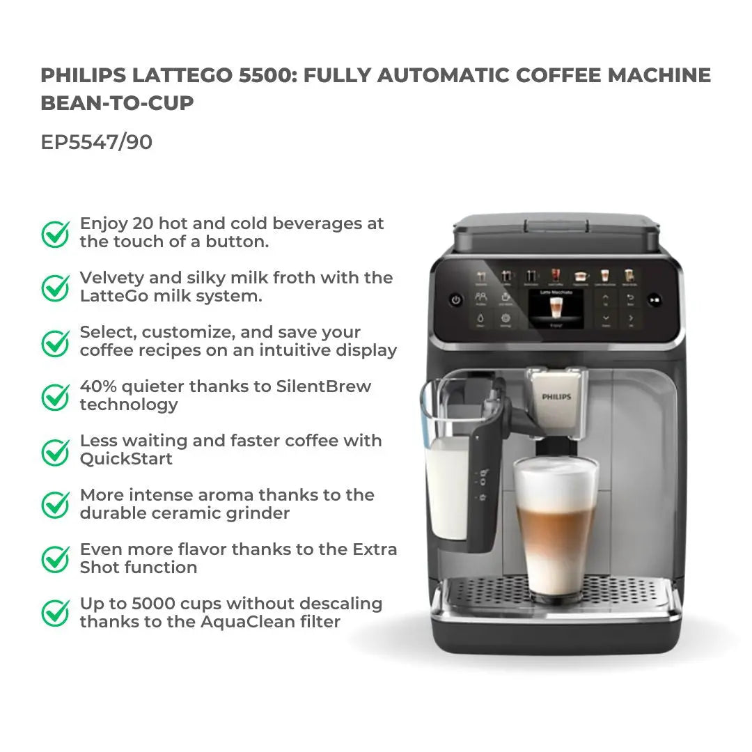 Order Philips 5500 LatteGo: Fully Automatic Espresso Machine for LE 49999.00 at Coffee & Cream, All your coffee needs in one place. Shop Coffee, Beans, Ground Coffee, Instant Coffee, Creamers, Coffee Machines, Blenders, Coffee Makers & Espresso Machines a