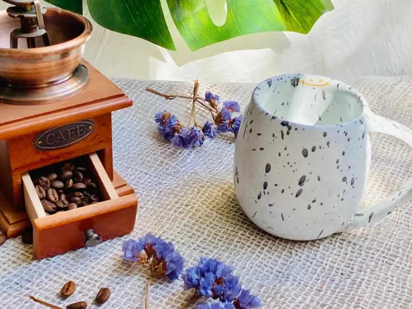 Order Handmade Pottery Coffee Mug - White & Black Dots for LE 445.00 at Coffee & Cream, All your coffee needs in one place. Shop Coffee, Beans, Ground Coffee, Instant Coffee, Creamers, Coffee Machines, Blenders, and more. 50+ Brands Monin, Lavazza, Starbu