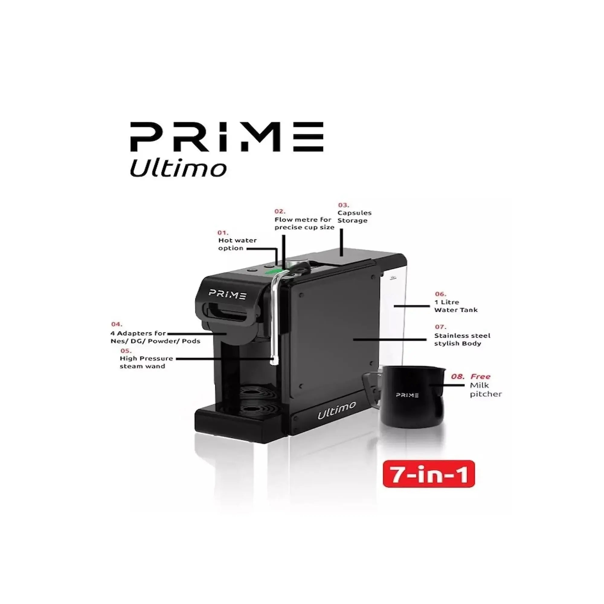 PRIME - Ultimo 7 in 1 Multi Capsule Coffee Machine - with Gifts Coffee & Cream