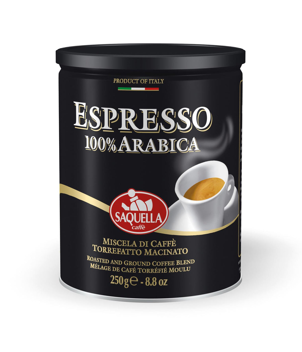 Saquella Arabica 100% Ground Coffee Tin 250g front pack