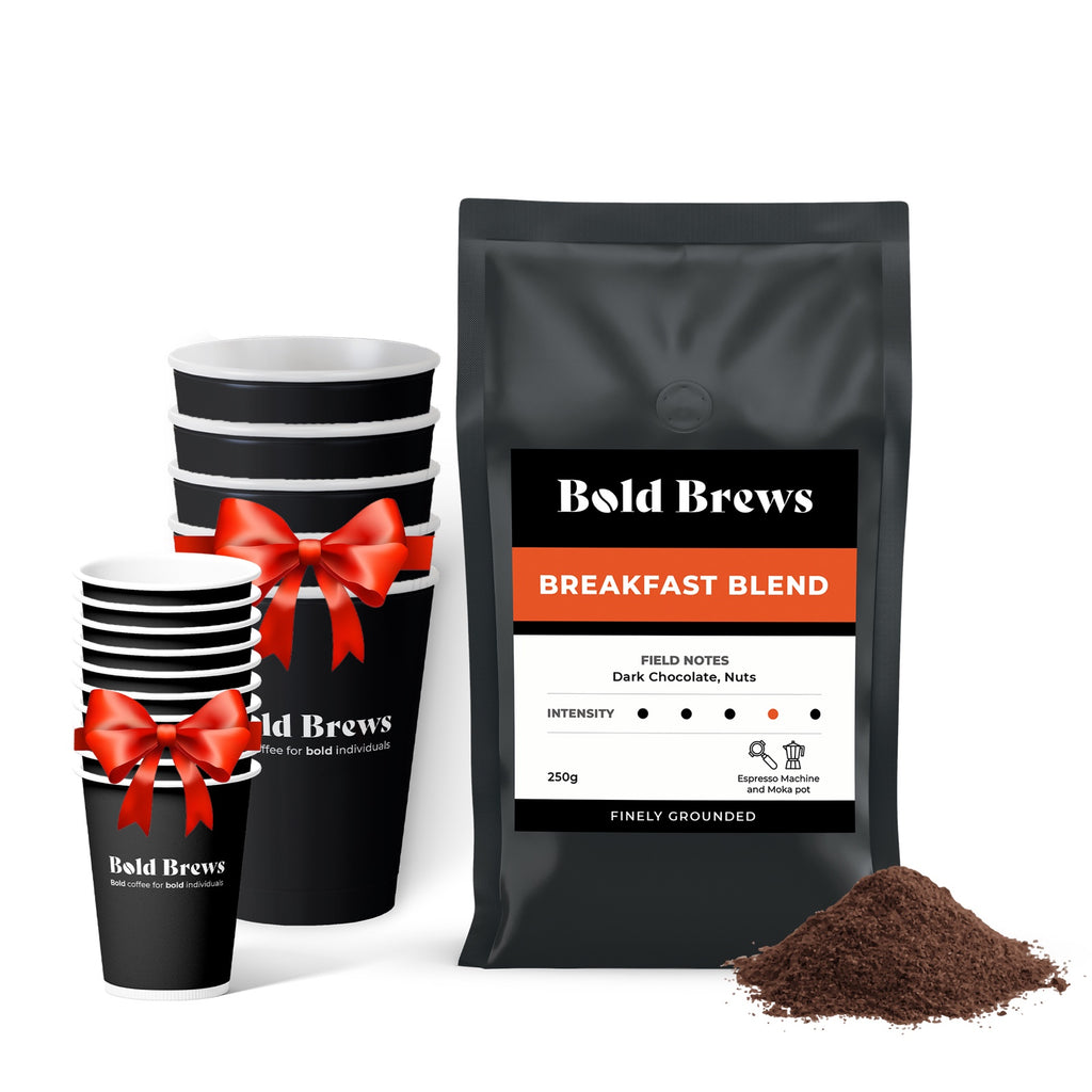 Bold Brews - Breakfast Blend Ground Coffee Espresso - 250g + 10 espresso cups + 5 cappuccino cups