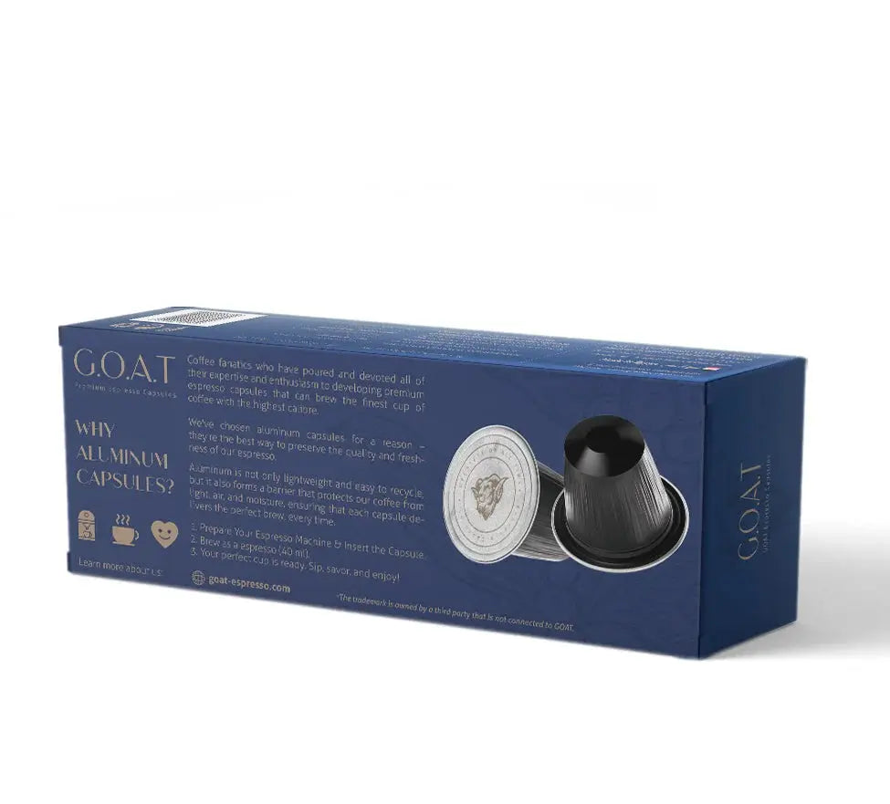 Order GOAT - Black Espresso Compatible By Nespresso-12 Aluminum Capsules for LE 225.00 at Coffee & Cream, All your coffee needs in one place. Shop Coffee, Beans, Ground Coffee, Instant Coffee, Creamers, Coffee Machines, Blenders, and more. 50+ Brands Moni