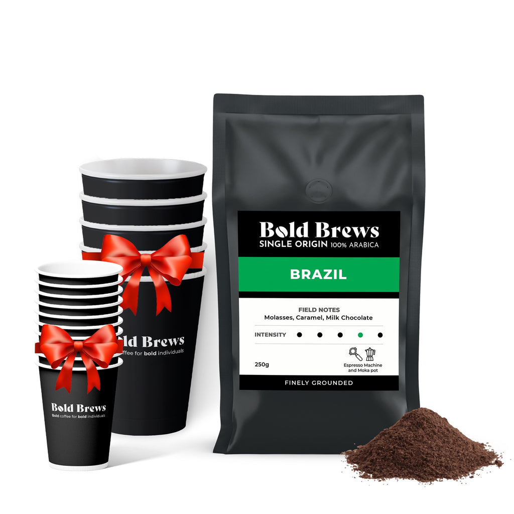Bold Brews - Brazil 100% Arabica Ground Coffee Espresso - 250g + 10 espresso cups + 5 cappuccino cups