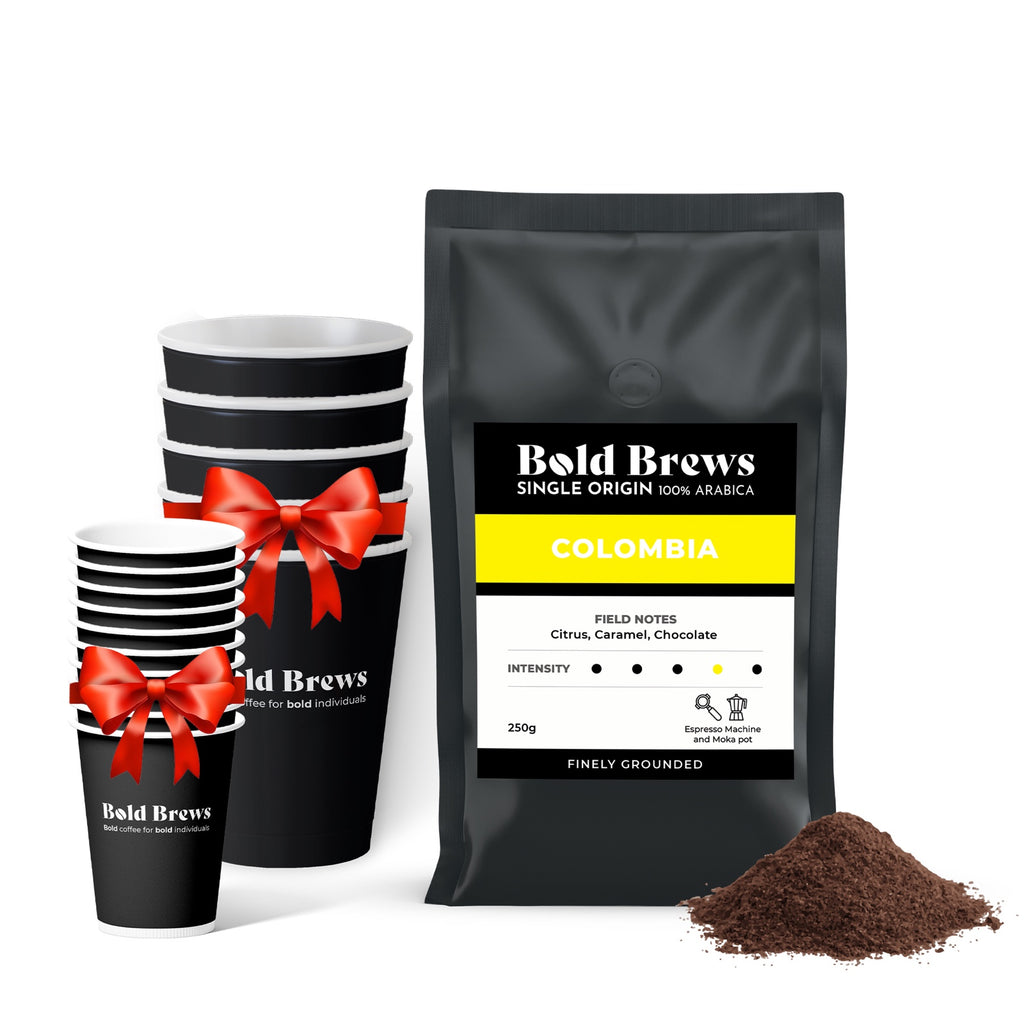 Bold Brews - Colombia Ground Coffee Espresso (Specialty Coffee)- 250g + 10 espresso cups + 5 cappuccino cups