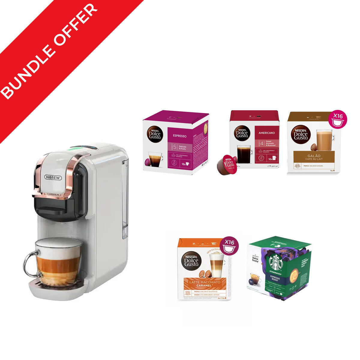 Hibrew H2B 5 in 1 Multi-Capsule Cold & Hot Coffee Maker White + 76 Dolce Gusto Capsules Bundle