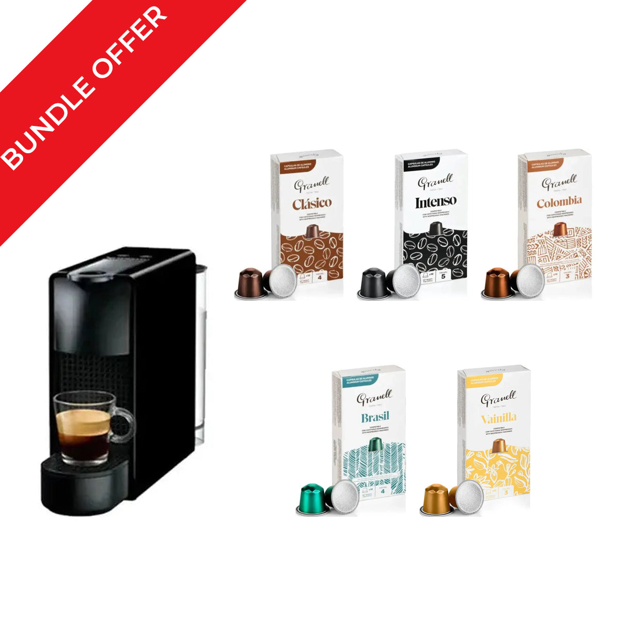 Nespresso Essenza Mini Coffee Machine Black Rectangular C30 + 50 Granell Capsules Bundle