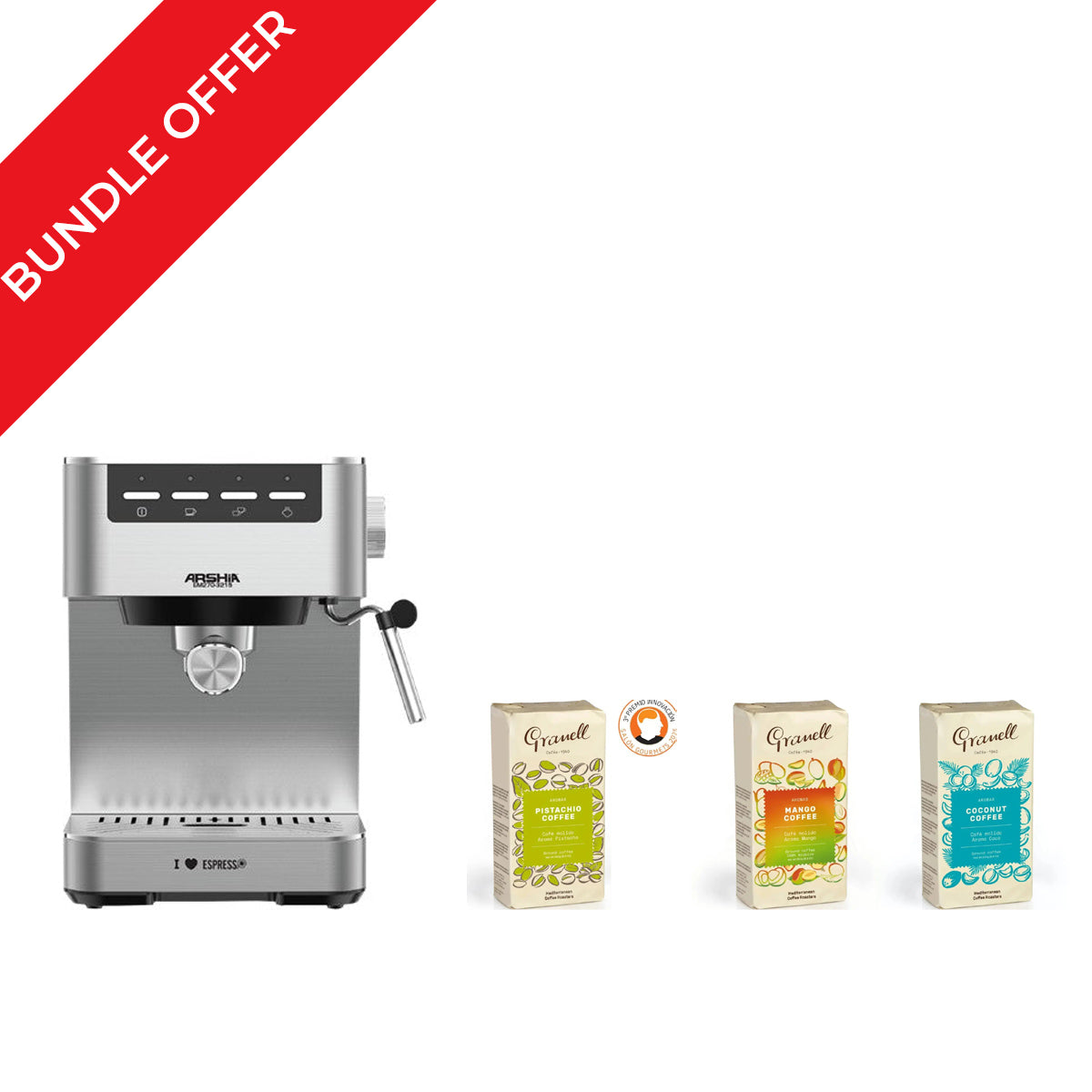 Arshia Espresso Coffee Machine, 1100 Watt, Silver EM270-3215 + 3 Granell Ground Coffee 250g Bundle