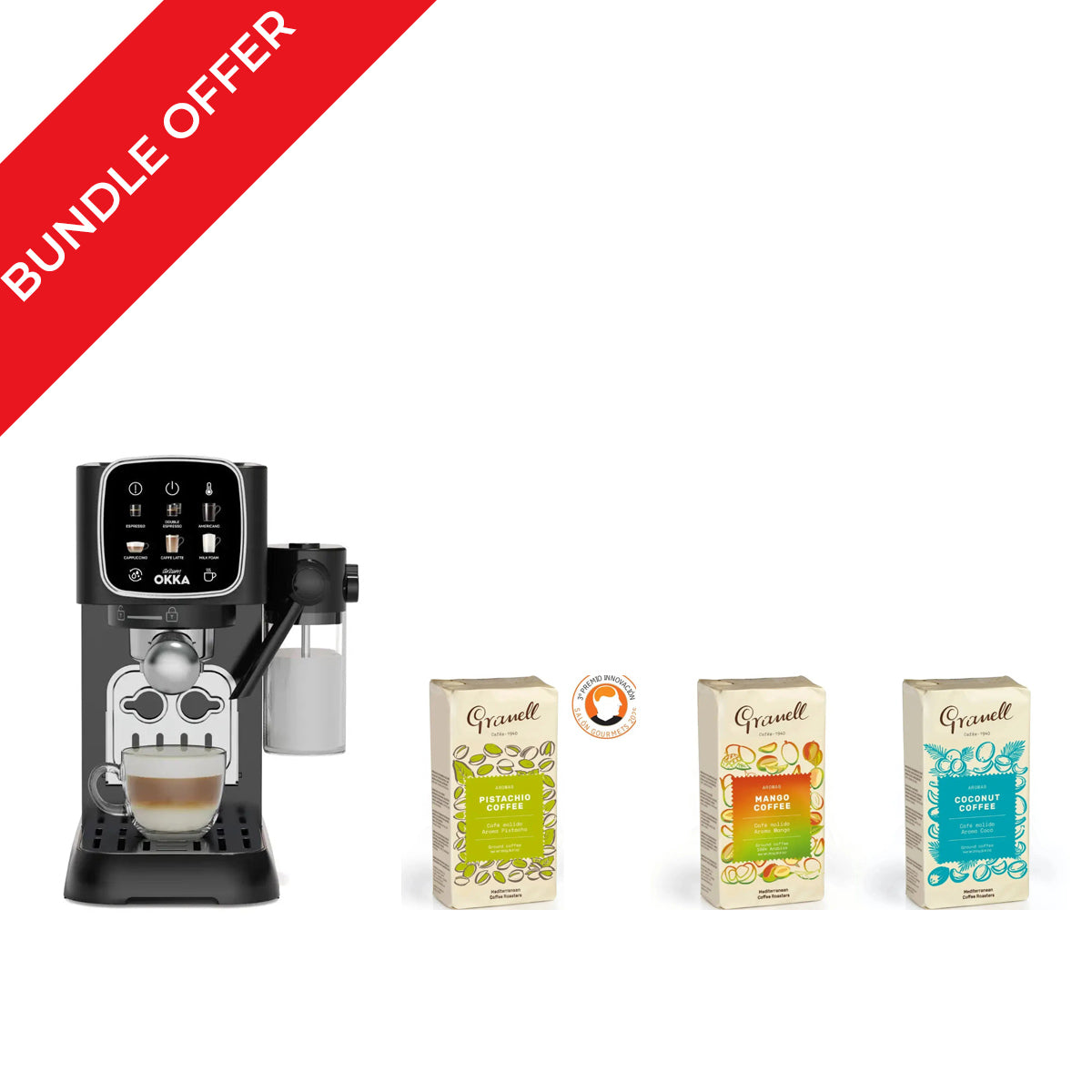 Arzum OKKA Solo M Semi Automatic Espresso Machine OK0032-0500 Black & Chrome (1  + 3 Granell Ground Coffee 250g Bundle