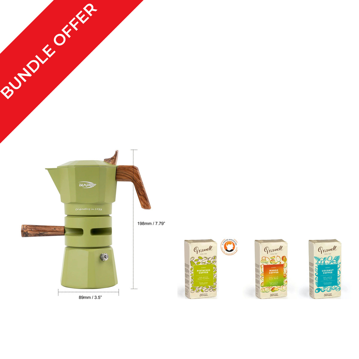 iKape Espresso Moka Pot 2 Shots + 3 Granell Ground Coffee 250g Bundle