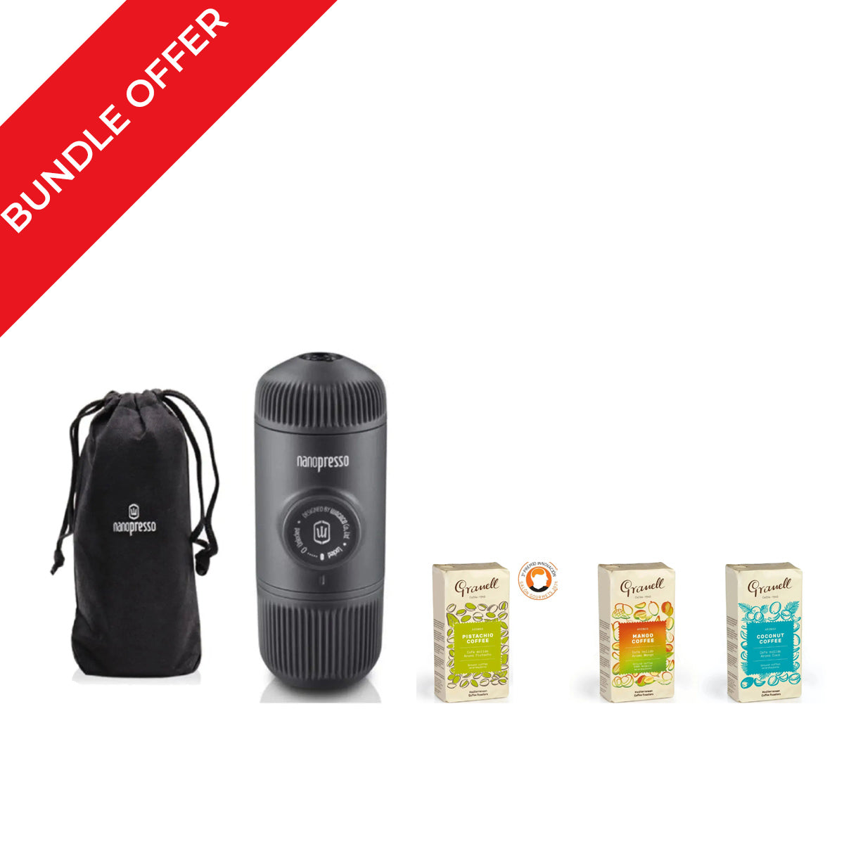Wacaco Nanopresso Portable Espresso Maker — Black + Carrying Case + 3 Granell Ground Coffee 250g Bundle