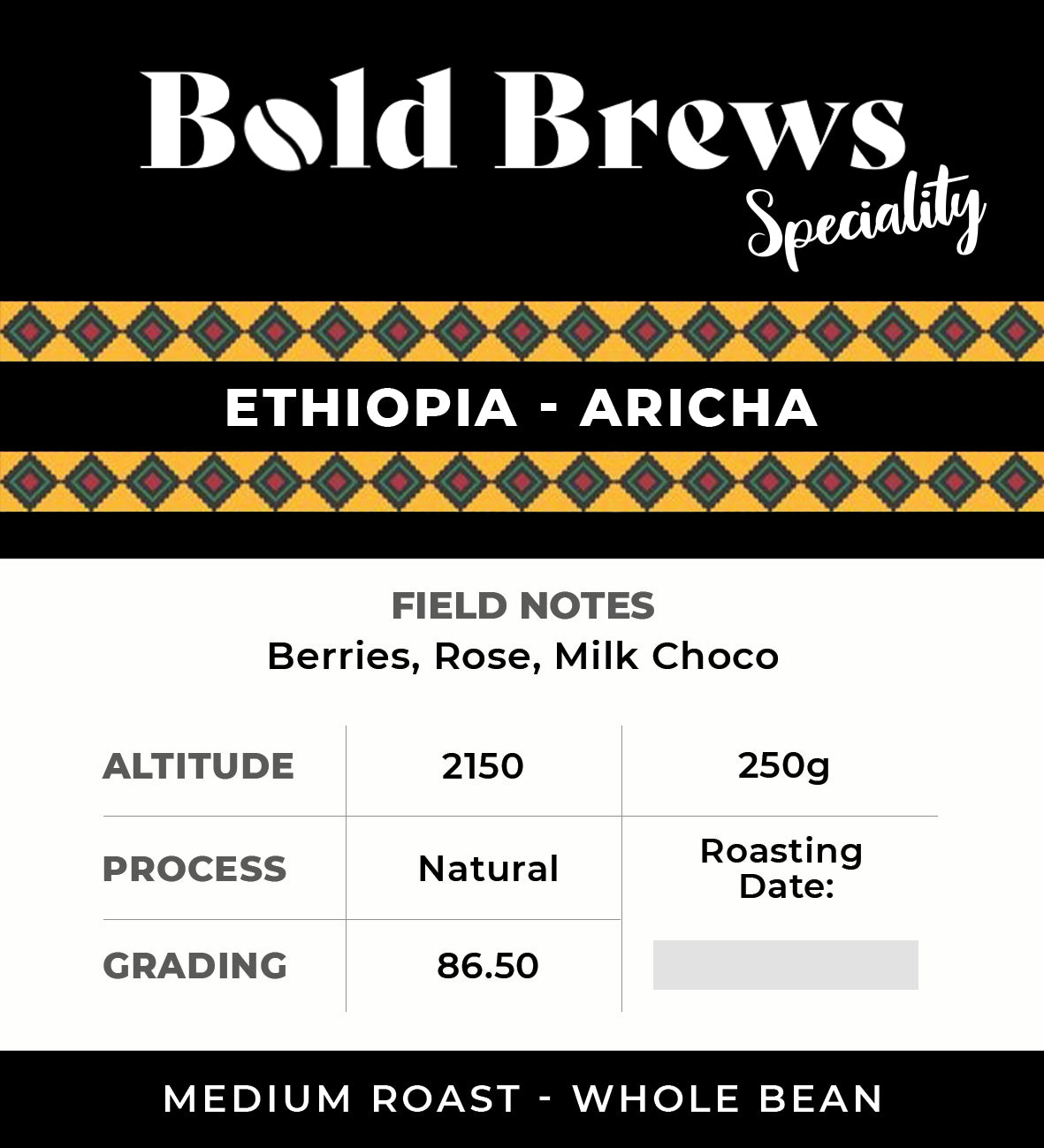 Bold Brews - Specialty Coffee ETHIOPIA ARICHA Whole Coffee Beans -250g
