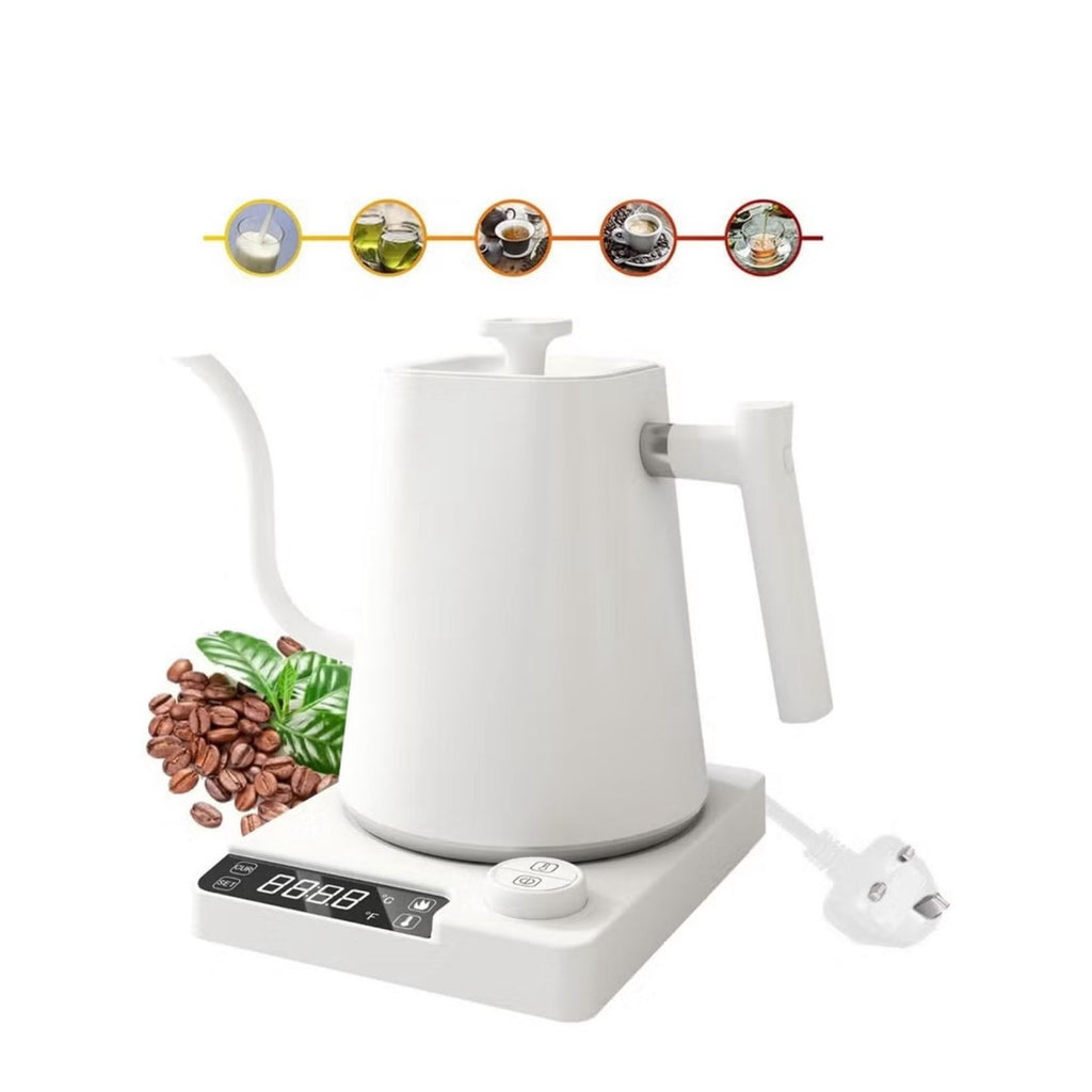 White Ktio electric gooseneck kettle on its temperature display base