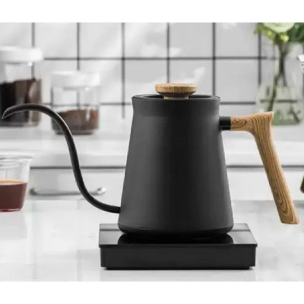 Black electric gooseneck kettle with wooden handle on its base