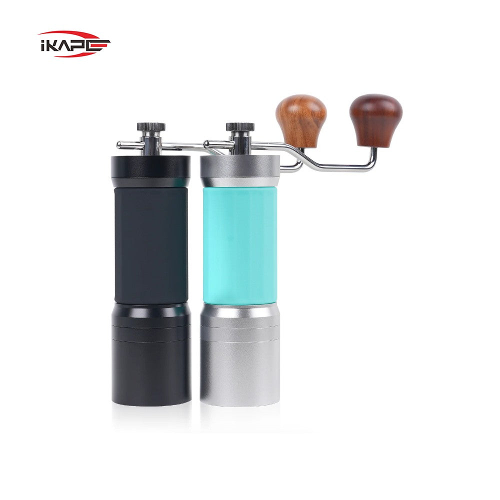 iKape V2 KM7 manual coffee grinder with clear lid and steel body