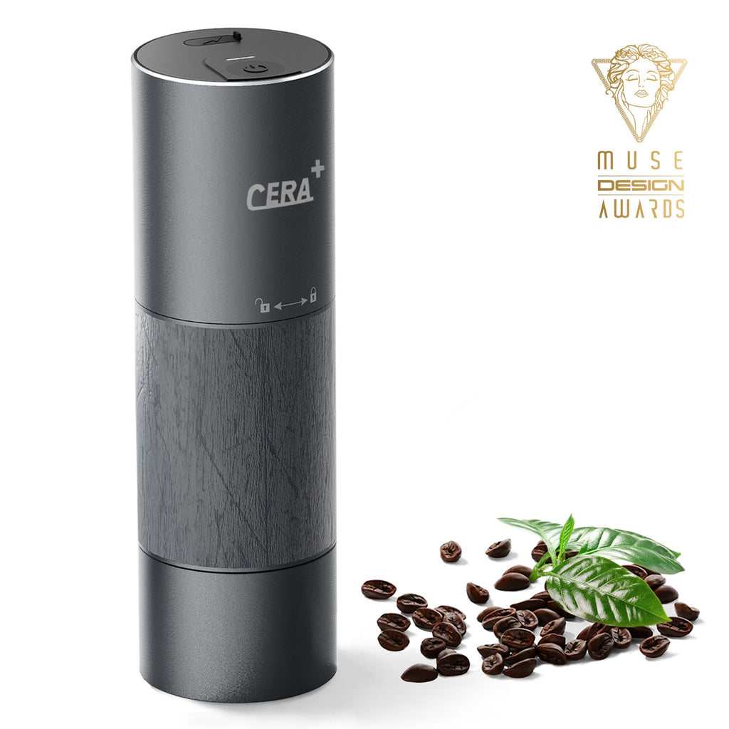 Cera+ CGE01 portable electric coffee grinder beside scattered coffee beans