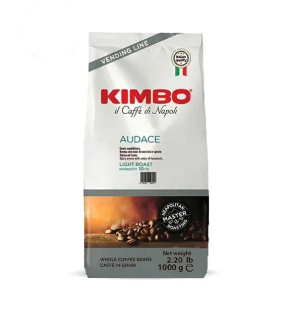 1kg bag of Kimbo Audace whole coffee beans, featuring a bold design with red and black accents.