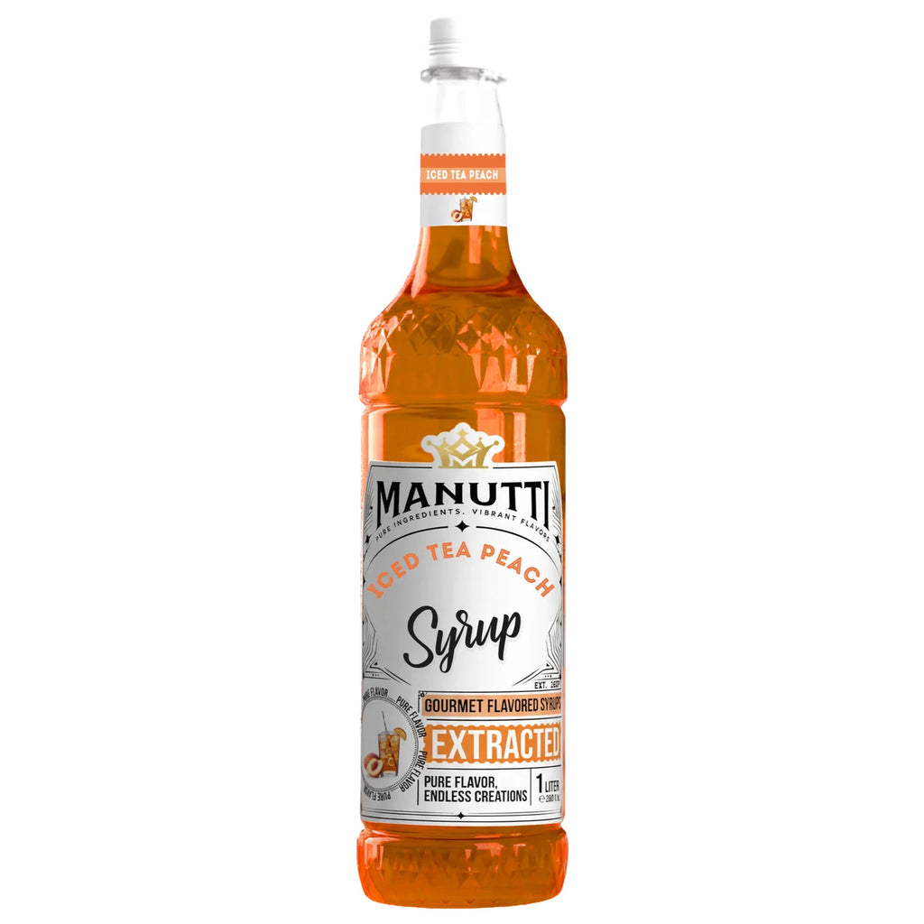 Manutti Iced Tea Peach Syrup 1L bottle with a label depicting fresh peaches