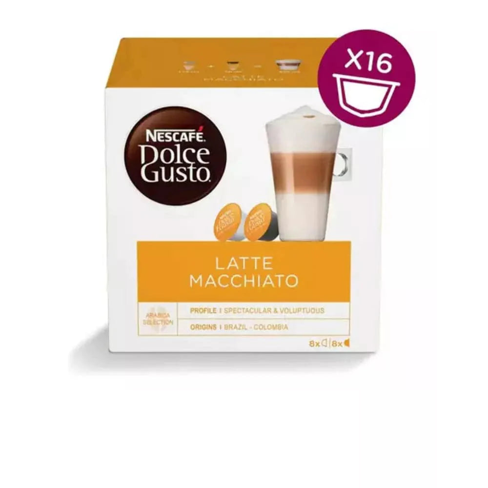 Order Nescafe Dolce Gusto Latte Macchiato Coffee Pods - 16 Capsules for LE 175 at Coffee & Cream, All your coffee needs in one place. Shop Coffee, Beans, Ground Coffee, Instant Coffee, Creamers, Coffee Machines, Blenders, Coffee and more. 50+ Brands Monin, Lavazza, Starbucks, Nespresso, Arzum, and more. Become your own Baristaeg at home. Delivers All over Egypt. Online payments available, and get your fengany coffee delivered to your home. Product Description: Coffee Pods compatible with the Nescafe Dolce G