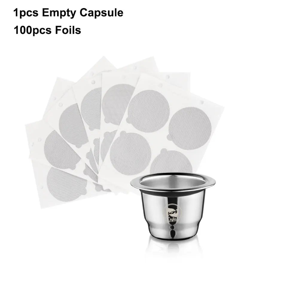Reusable Stainless Steel Refillable Nespresso Pod + 100 Foil Lids