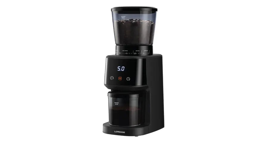 Lepresso Conical Burr Coffee Grinder in black, electric coffee grinder with bean hopper