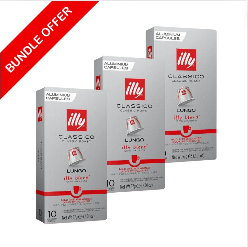 Illy - Classico Lungo Compatible by Nespresso -10 capsules (Pack of 3) - Bundle