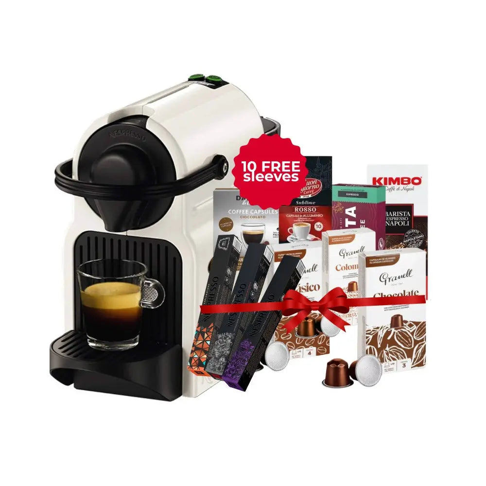 Nespresso Inissia Capsules Machine White Creamy + 100 FREE Coffee Capsules Coffee & Cream