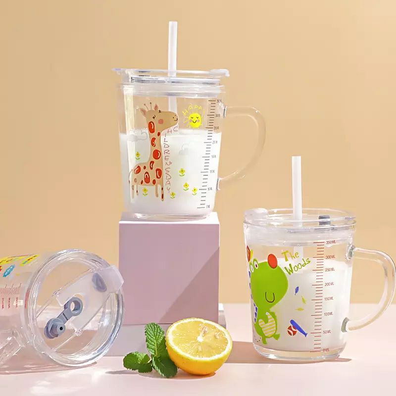 Cartoon Printed Milk Glass Sipper Mug Jar with Silicone Straw and Lid - 350 ml