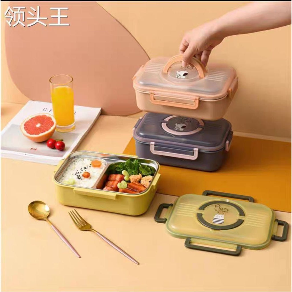 Divided Lunch Box - Airtight, Heat-Retaining, Stainless Steel with Spoon (RANDOOM COLORS)