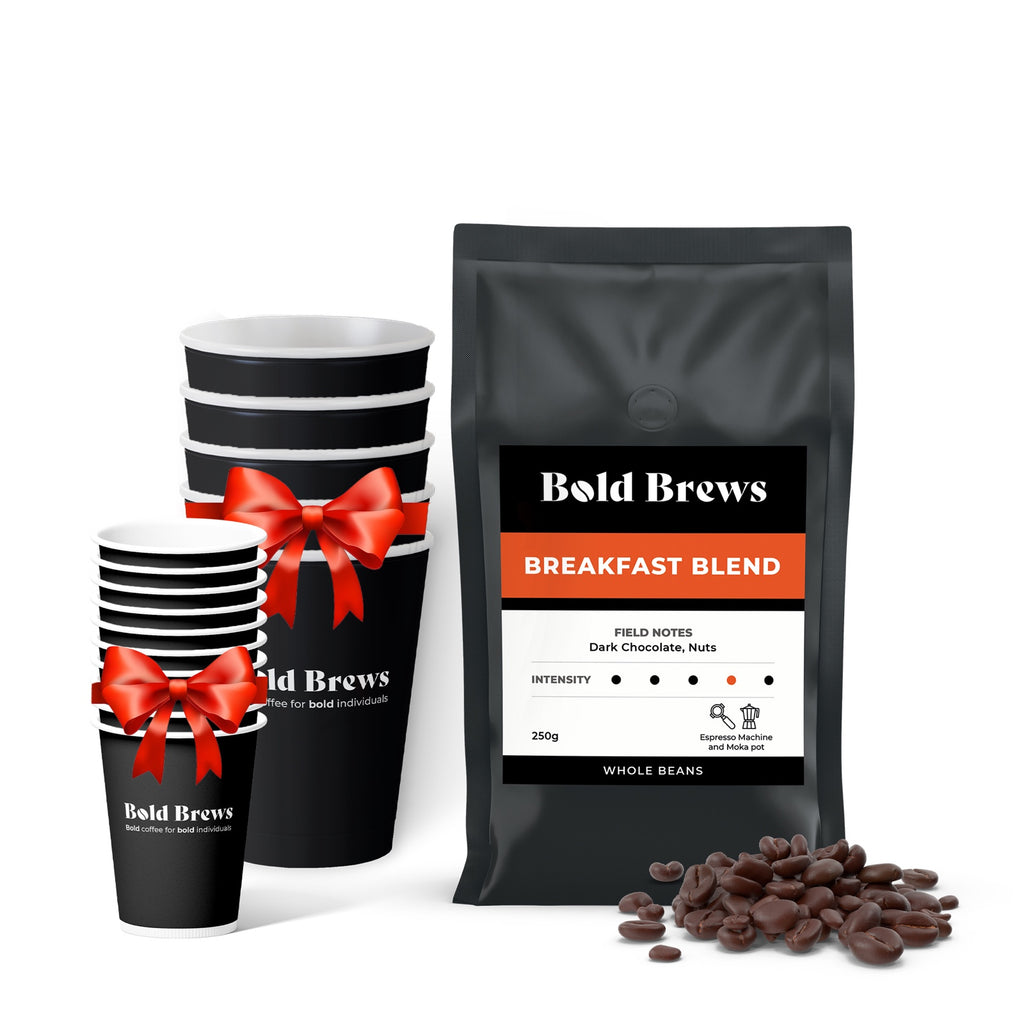 Bold Brews - Breakfast Blend Whole Coffee Beans - 250g + 10 espresso cups + 5 cappuccino cups
