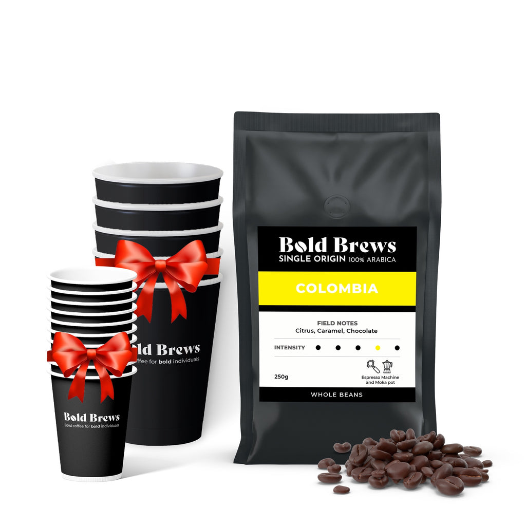 Bold Brews - Colombia Whole Coffee Beans (Single Origin) - 250g + 10 espresso cups + 5 cappuccino cups