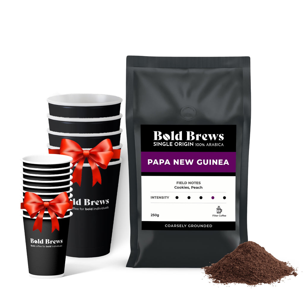 Bold Brews - Papa New Guinea American \ Filter Ground Coffee (Specialty Coffee)- 250g + 10 espresso cups + 5 cappuccino cups