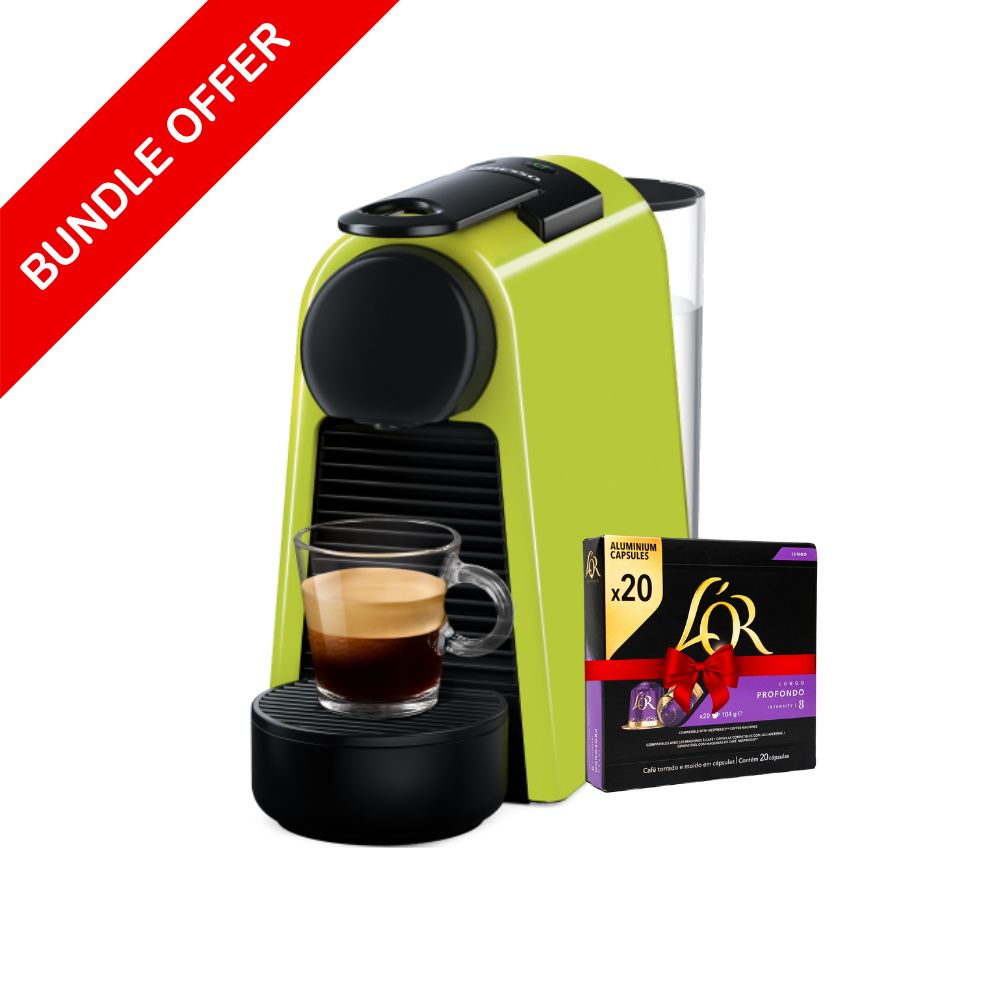 Nespresso Essenza Bundle - Essenza Mini Coffee Machine (D30) - Green + L'or Profondo Coffee Capsules - 20 Capsules