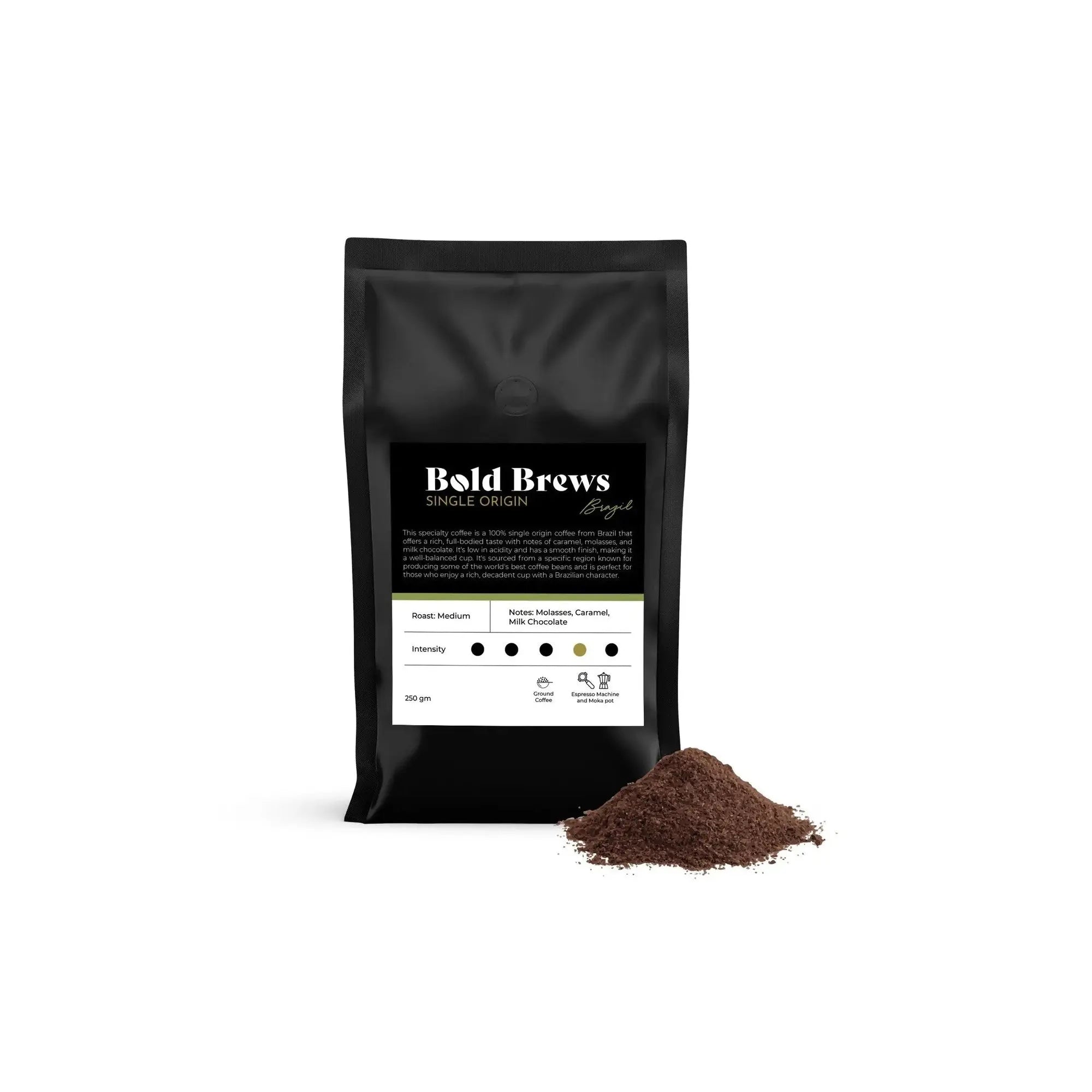 Order Bold Brews - Brazil 100% Arabica Ground Coffee Espresso - 250g for LE 265.00 at Coffee & Cream, All your coffee needs in one place. Shop Coffee, Beans, Ground Coffee, Instant Coffee, Creamers, Coffee Machines, Blenders, and more. 50+ Brands Monin, L