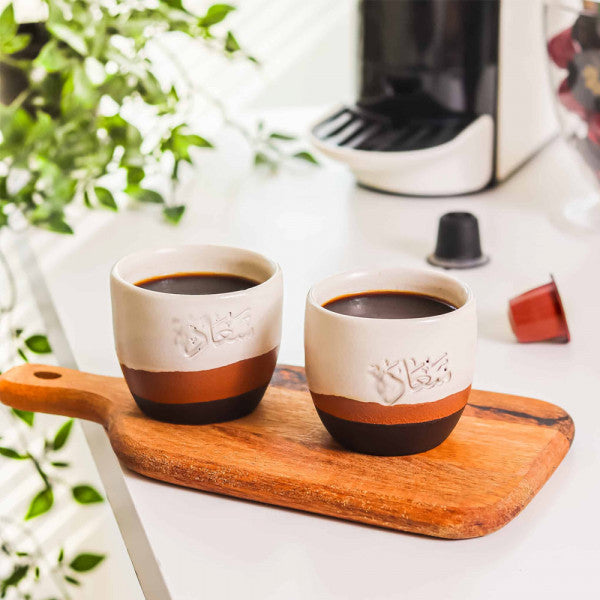 Handmade Pottery - S3ada Wavy Black & Brown Espresso Cup - 100 ml (Set of 2)