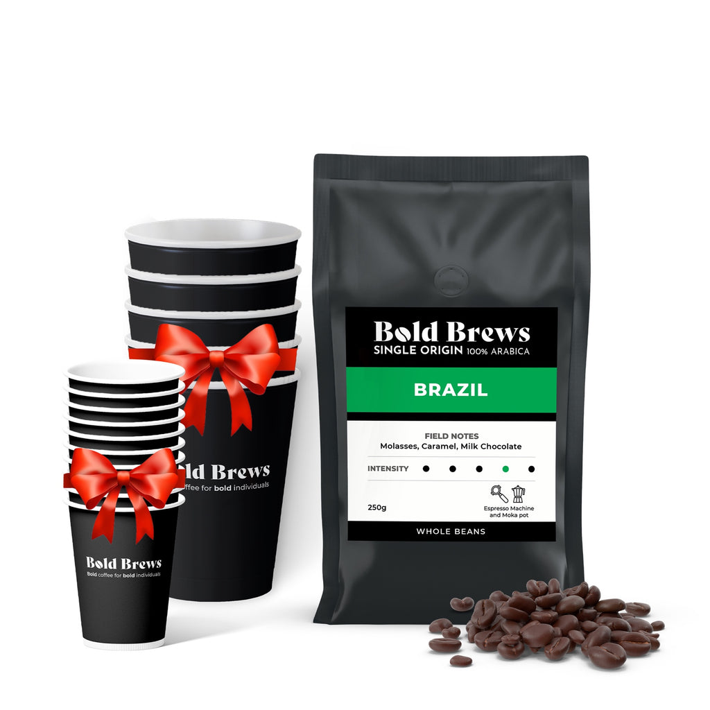 Bold Brews - Brazil 100% Arabica Whole Coffee Beans - 250g + 10 espresso cups + 5 cappuccino cups