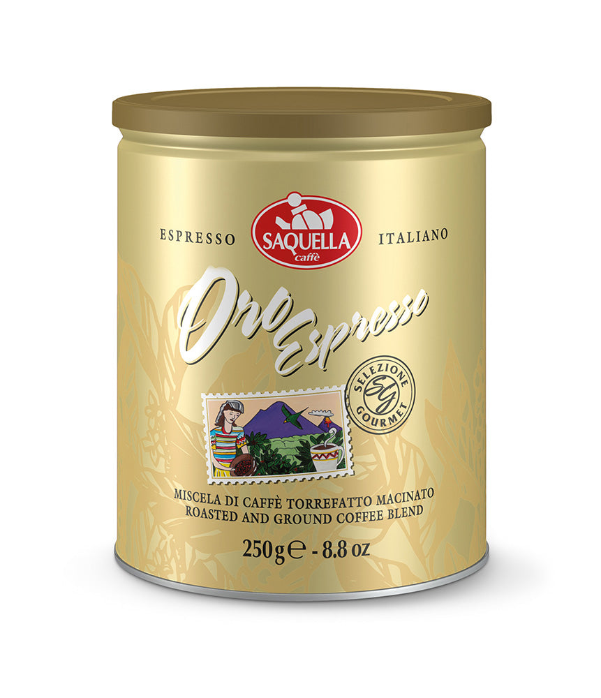 Saquella Gourmet Oro Espresso Ground Coffee Tin 250g front pack